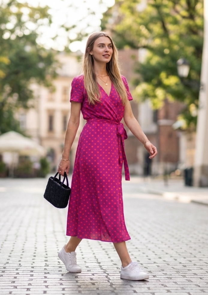 Elegancka sukienka Natalia – malinowe kropki