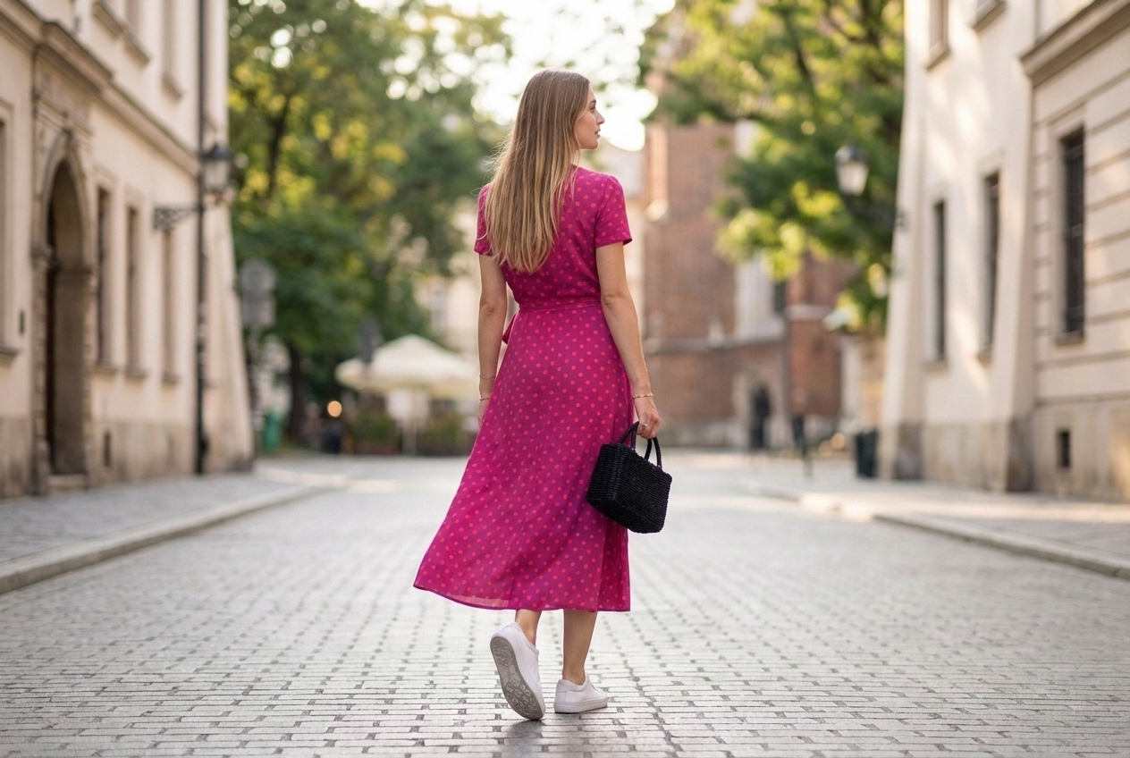Elegancka sukienka Natalia – malinowe kropki