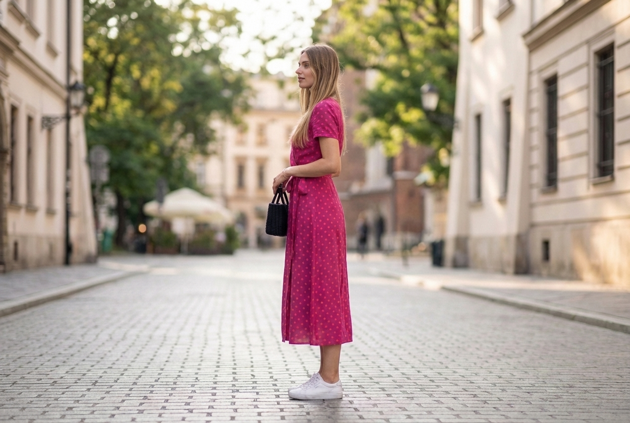 Elegancka sukienka Natalia – malinowe kropki