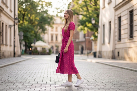 Elegancka sukienka Natalia – malinowe kropki
