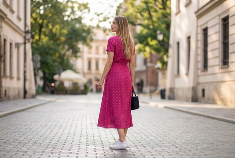 Elegancka sukienka Natalia – malinowe kropki